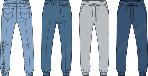 Men’s jogger pants back front view, denim, grey, navy, cuffed hem, drawstring waist, fashion flat sketch, casual wear flat vector illustration