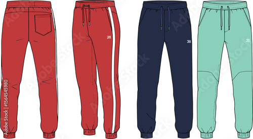 Men’s jogger pants collection, red, navy, mint, sporty design, side stripe, drawstring waist, number print, flat fashion sketch flat vector illustration