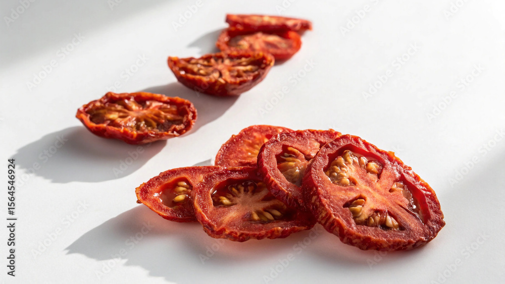 Fototapeta premium A scattering of sundried tomato slices isolated on white background, their rich red color enhanced by the bright, focused light