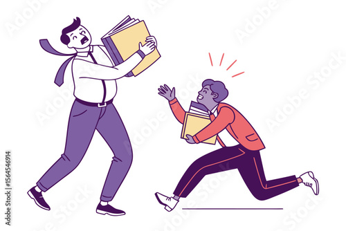 Excited businessman reaching for documents while another businessman looks stressed holding a stack of files