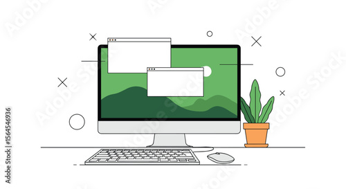 Modern desktop computer setup with green landscape wallpaper and potted plant