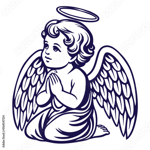 Dark Blue Cherub Illustration with Halo and Wings angel