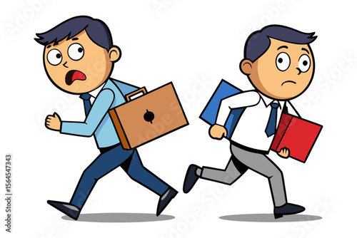 Two cartoon businessmen in a hurry one carrying a briefcase and the other holding folders both running with urgency and expressions of concern