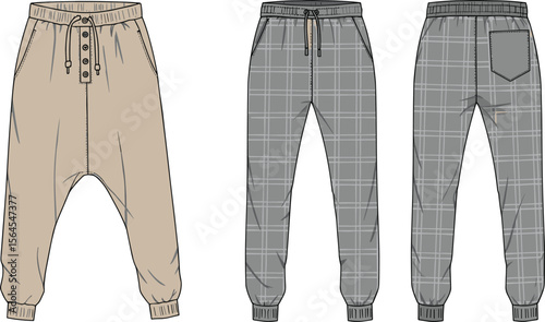 Fashion flat sketch jogger pants, button front design, drawstring waist, plaid pattern trousers, modern casual wear for men collection flat vector illustration