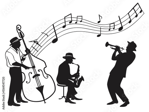 Silhouetted Jazz Musicians Performing with Upright Bass Saxophone and Trumpet Accompanied by Flowing Musical Notes