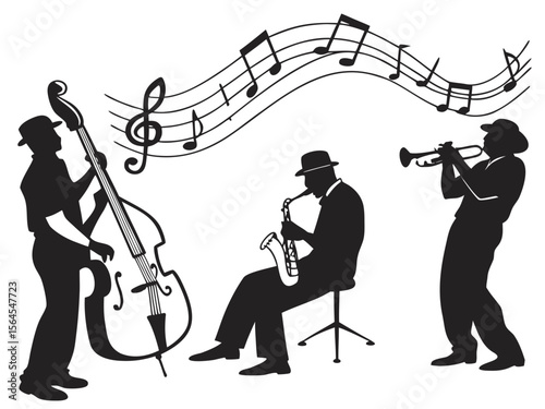 Black and White Silhouette Illustration of a Jazz Band Performing with Musical Notes Overhead black
