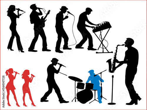 Silhouetted Musicians Performing Vocalists Guitarist Keyboardist Saxophonist and Drummer with Red and Blue Accents on White Background