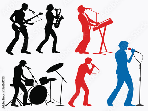 Silhouette Musicians Performing Guitarist Saxophonist Keyboardist Drummer and Vocalists in Black Red and Blue The