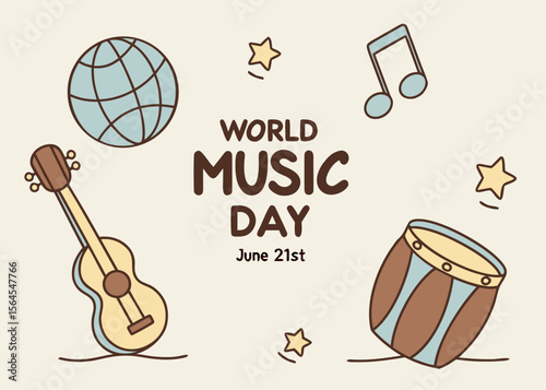 Celebration of World Music Day on June 21st with Musical Instruments and Stars Illustration cute