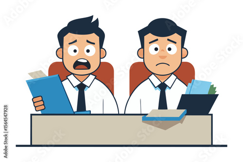 Two cartoon businessmen looking stressed and overwhelmed with paperwork while sitting at their desks with worried expressions