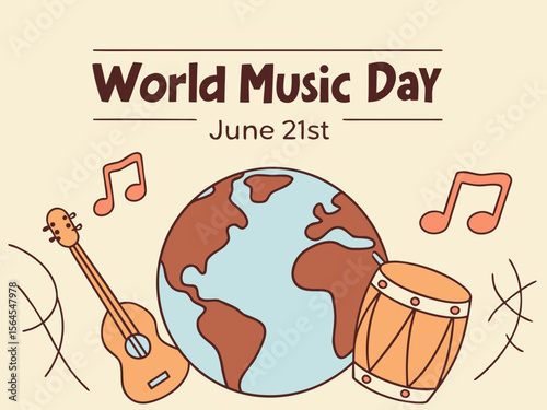 Celebrating World Music Day on June 21st with a Guitar Drum and Earth Illustration cartoon