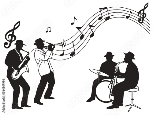 Black and White Silhouette of a Jazz Band Performing with Musical Notes Flowing Above Them