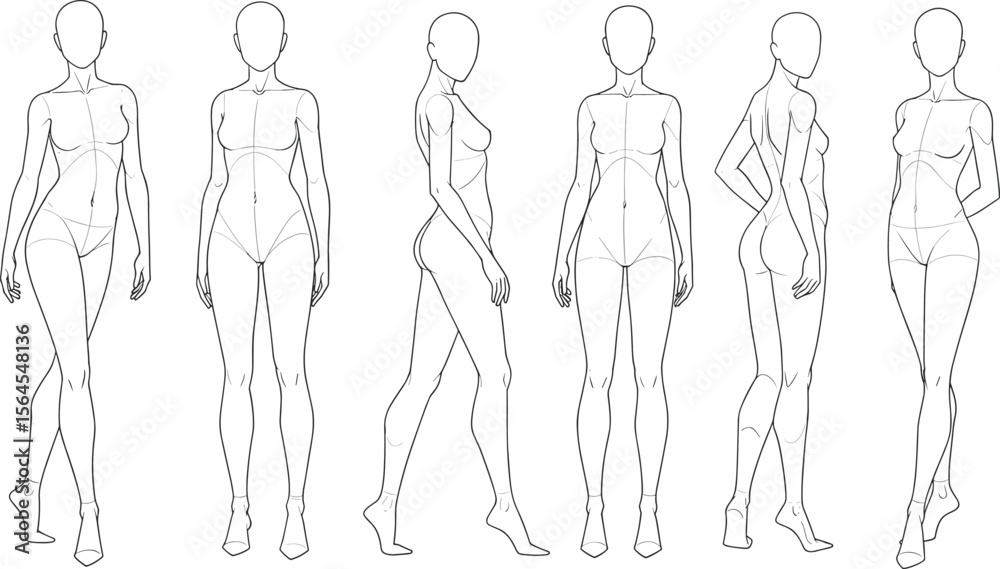 Female fashion figure template, multiple poses, front and side view, body outline sketch for design, croquis for fashion illustration flat vector illustration
