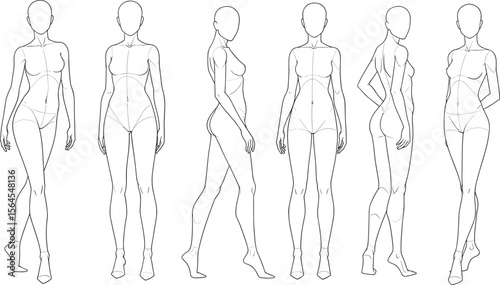 Female fashion figure template, multiple poses, front and side view, body outline sketch for design, croquis for fashion illustration flat vector illustration