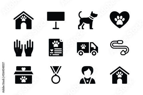 Animal care symbols including dog house truck and medical equipment lamp heart