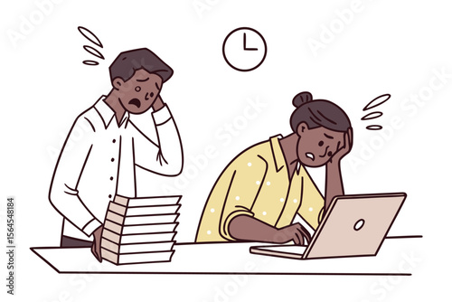 Overwhelmed office workers feeling stressed and exhausted with a large stack of papers and a ticking clock indicating a deadline