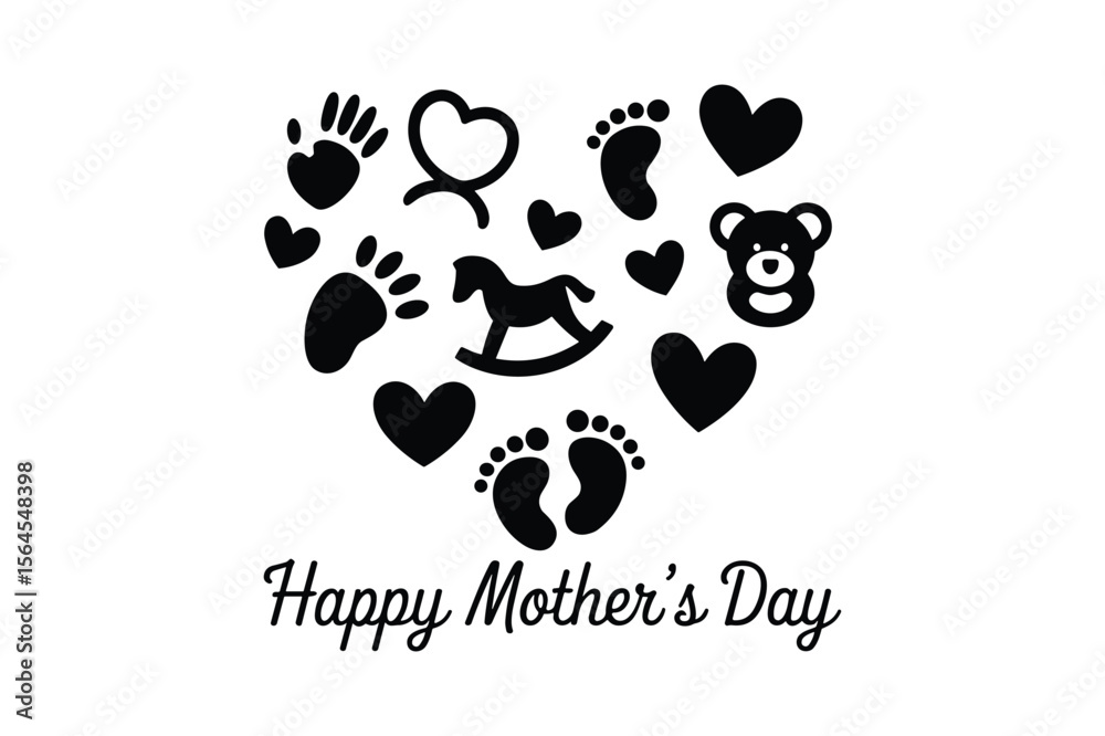 Fototapeta premium Baby footprints hearts teddy bear rocking horse vector