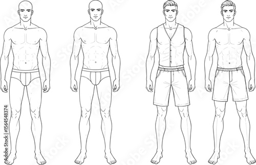 Male fashion croquis, front view, technical sketch, figure template for clothing design, body outline drawing, modeling base for apparel flat vector illustration