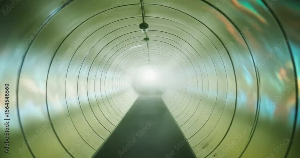 Light-filled tunnel with mist and colorful reflections