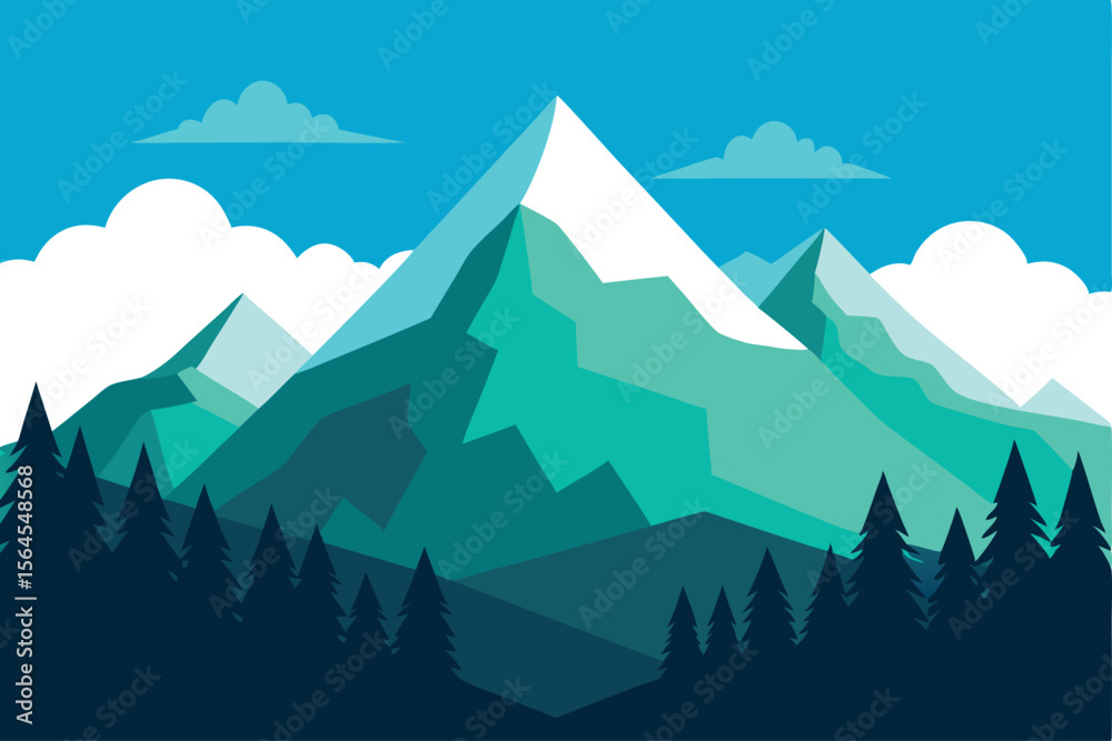 Naklejka premium Majestic Mountain Landscape Green Peaks and Pine Forest Illustration