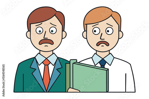 Two worried businessmen in suits looking down at a folder with concerned expressions and wide eyes conveying anxiety