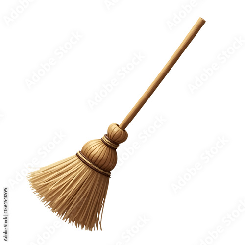 Traditional wooden broom with straw bristles isolated on transparent background