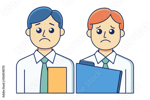 Two sad office workers with blue and orange hair holding folders conveying a sense of disappointment or stress