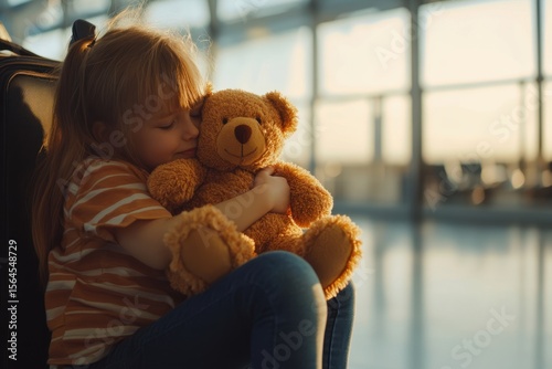 Child hugs teddy bear while waiting at an airport terminal before a flight to an unknown destination