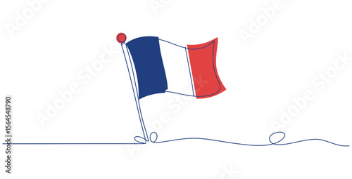 Minimalistic continuous line drawing of the French national flag in blue, white, and red, symbolizing patriotism, heritage, and unity