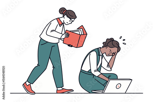Frustrated employee overwhelmed by work while colleague offers assistance with a book illustrating a difficult task