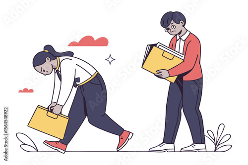 Two business professionals appear dejected and discouraged as they walk with briefcases and files symbolizing career setbacks or job loss
