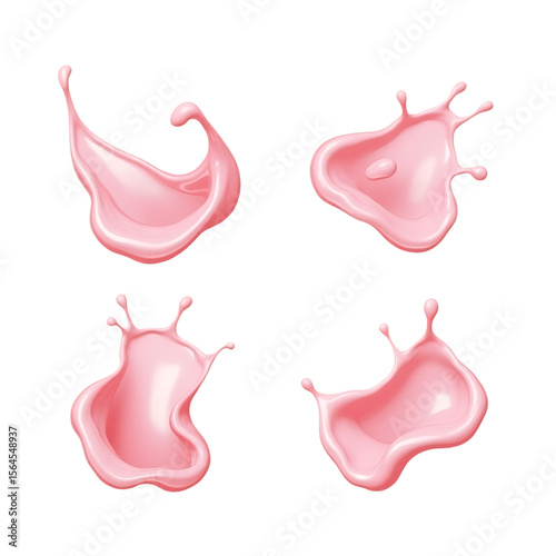 Four dynamic pink liquid splashes frozen in motion isolated on transparent background