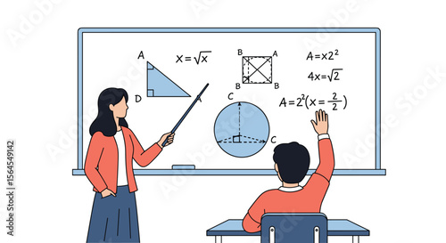 Teacher explaining mathematical concepts on whiteboard to student asking questions