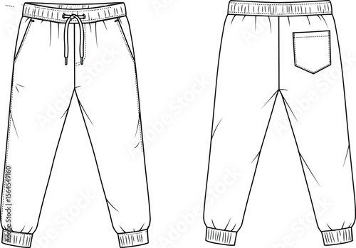 Jogger pants technical flat sketch with drawstring waist, ribbed cuffs, side pockets, back patch pocket, casualwear vector illustration