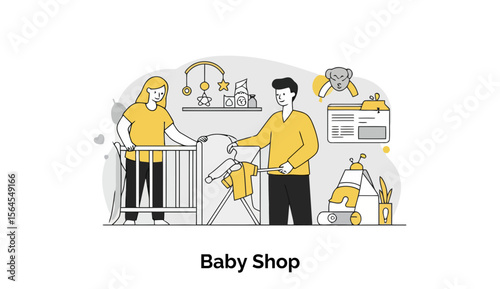 A couple interacting with baby items in a baby shop, examining a crib and clothing. Couple browsing items in a baby shop interior.