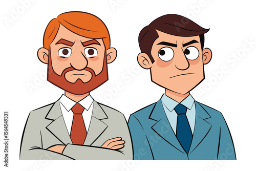 Two cartoon businessmen with stern expressions and folded arms standing side by side against a white background