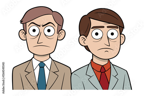 Two cartoon men in suits with worried expressions and large eyes isolated on a white background representing business or legal professionals