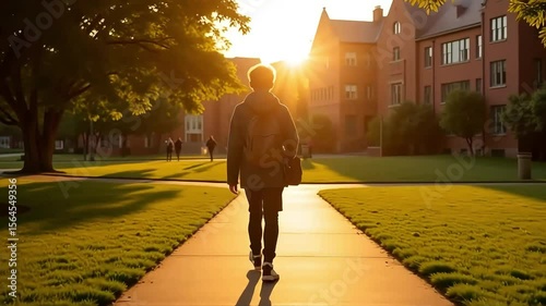 Student walking on campus at sunset college university education learning knowledge study 100