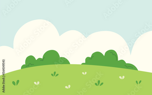 Green landscape featuring rolling green hills, fluffy clouds, and lush bushes under a pale blue sky.