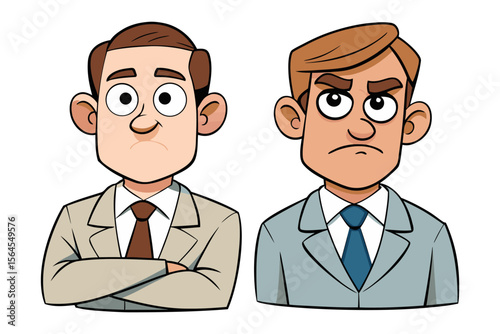 Two cartoon businessmen in suits with different expressions one looking calm and the other appearing angry or displeased