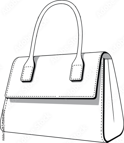 Minimalist structured top handle handbag vector illustration, fashion leather purse design, technical flat sketch for accessories, stylish bag drawing