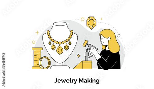 A talented female jewelry maker is meticulously crafting a delicate and intricate necklace, using specialized tools at her well-lit workbench in a creative workshop studio.