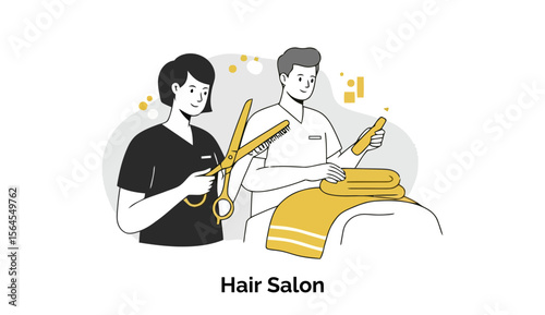 Female and male hair salon employees in professional uniforms, preparing for a haircut/styling session in a modern hair salon.