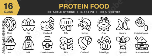 Protein Food icon set. Editable Stroke Icon Collection. Includes protein, food, nutrition, healthy, diet, meat, and More. Outline icons vector collection.