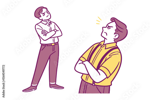Two men in a standoff with arms crossed and angry expressions conveying disagreement and tension between them