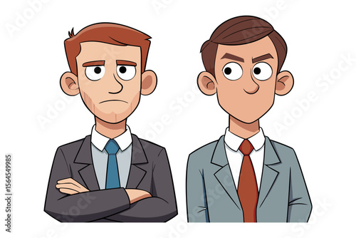 Two cartoon businessmen in suits with distinct expressions one looking displeased with arms crossed the other with a curious gaze