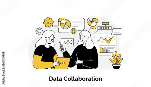 Two female data analysts in black and yellow shirts collaborating on data analysis tasks, presenting charts and graphs in an office setting.