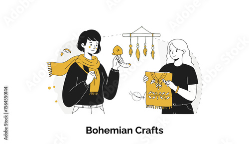 Two young women in casual wear, discussing bohemian crafts in a shop setting. One woman displays a handmade item while the other examines it.