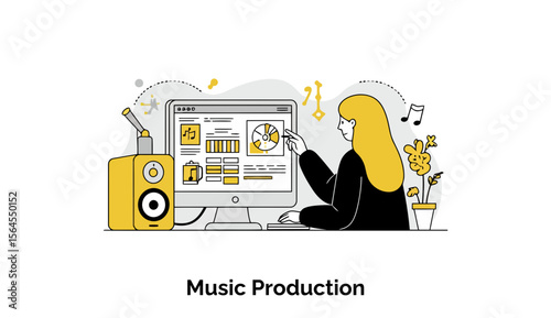 Female music producer analyzing data on a computer in a home studio. Focused on a music production program on a monitor, with audio equipment nearby.