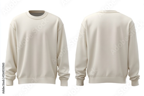 Front and back view of a plain off-white crew neck sweatshirt. High quality